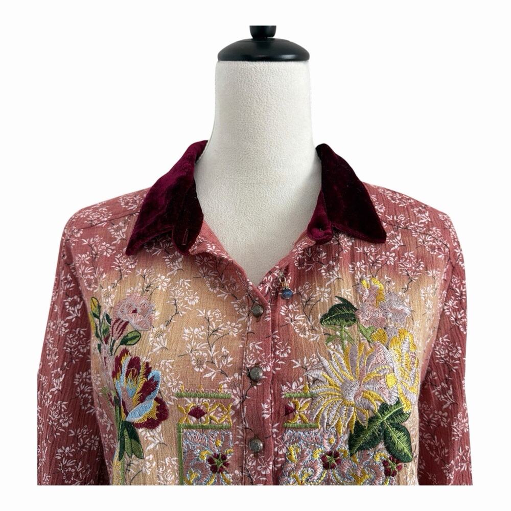 Aratta Silent Journey Tunic Shirt Small Boho Embroidered Velvet Trim Button Up - Picture 8 of 13